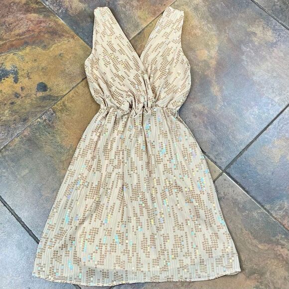 Express Tan Gold Deep V Neck Sleeveless Dress w Sequins XS - Picture 3 of 11